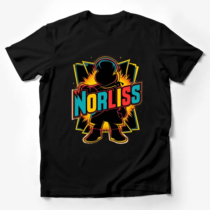 Bold Colorful Norliss T-Shirt Design, Vibrant Graphic Tee, Urban Style Fashion, Modern Streetwear Male T-Shirt