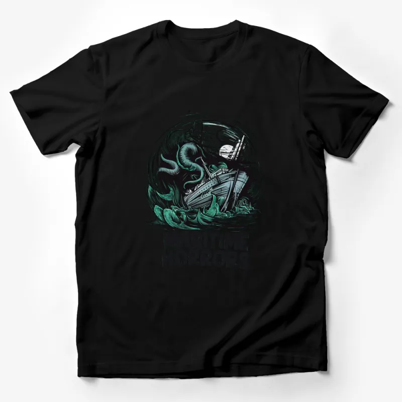 Maritime Horrors T-Shirt, Nautical Nightmare Ship and Kraken Design, Oceanic Horror Graphic Tee, Unisex Adult Clothing Male T-Shirt