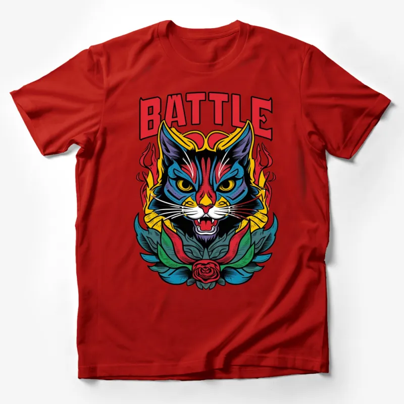 Battle Cat T-Shirt with Flames and Roses, Vibrant Tattoo Style Graphic Tee, Unisex Male T-Shirt