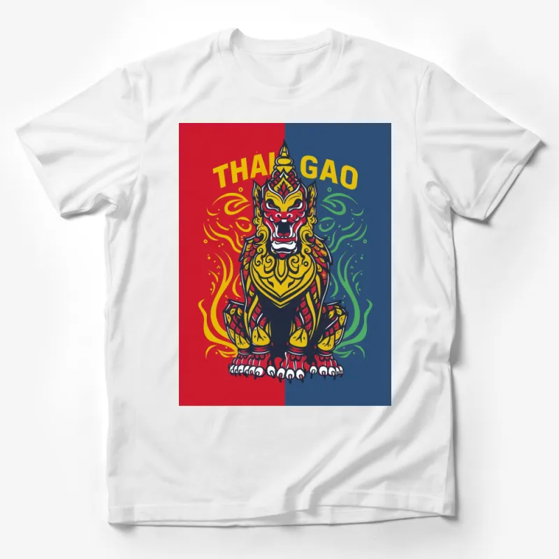 Thai Gao Mythical Creature T-Shirt, Red Blue Graphic Tee, Unique Asian Inspired Dragon Design Male T-Shirt