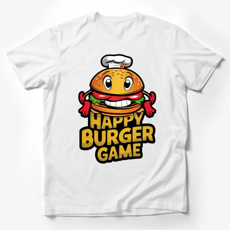 Happy Burger Game Chef Cartoon T-Shirt, Fun Food Lover Tee, Quirky Chef Hat Graphic Shirt, Unique Gift Male T-Shirt