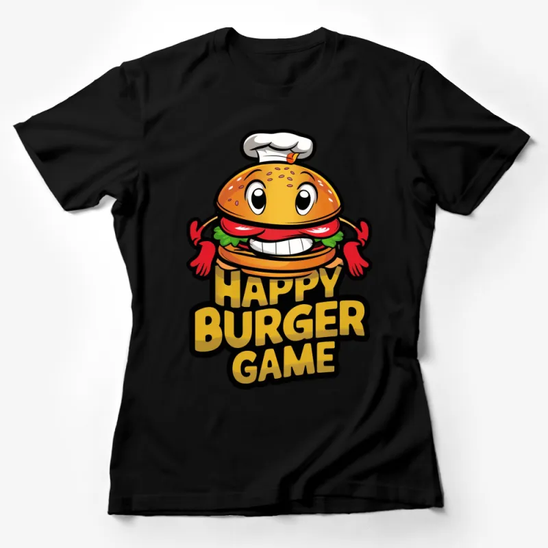 Happy Burger Game Chef Cartoon T-Shirt, Fun Food Lover Tee, Quirky Chef Hat Graphic Shirt, Unique Gift Female T-Shirt