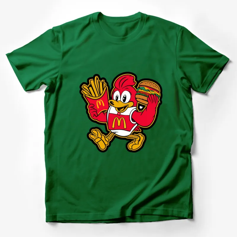 Fun Chicken Character T-Shirt, Fast Food Mascot with Burger and Fries, Colorful Cartoon Tee, Unisex Clothing Male T-Shirt