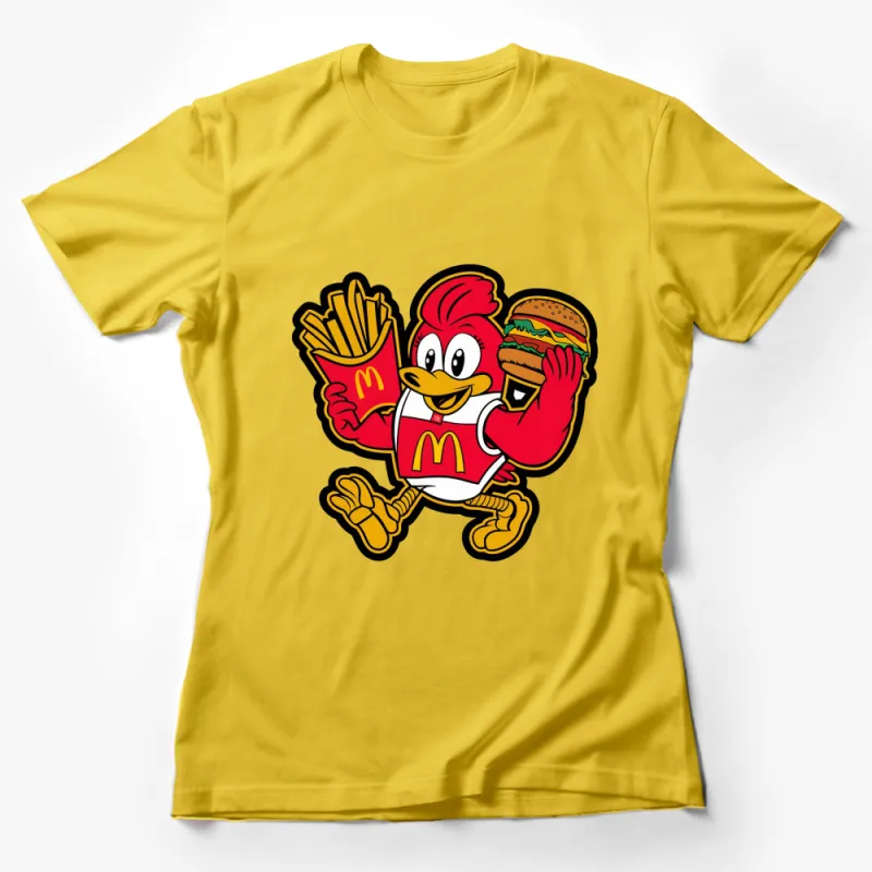 Fun Chicken Character T-Shirt, Fast Food Mascot with Burger and Fries, Colorful Cartoon Tee, Unisex Clothing Female T-Shirt