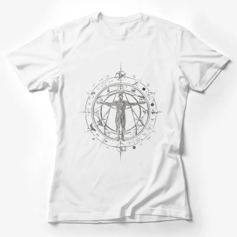 Vitruvian Man Compass Design T-Shirt, Leonardo da Vinci Inspired, Art Lover Tee, Unique Graphic Shirt, Unisex Female T-Shirt