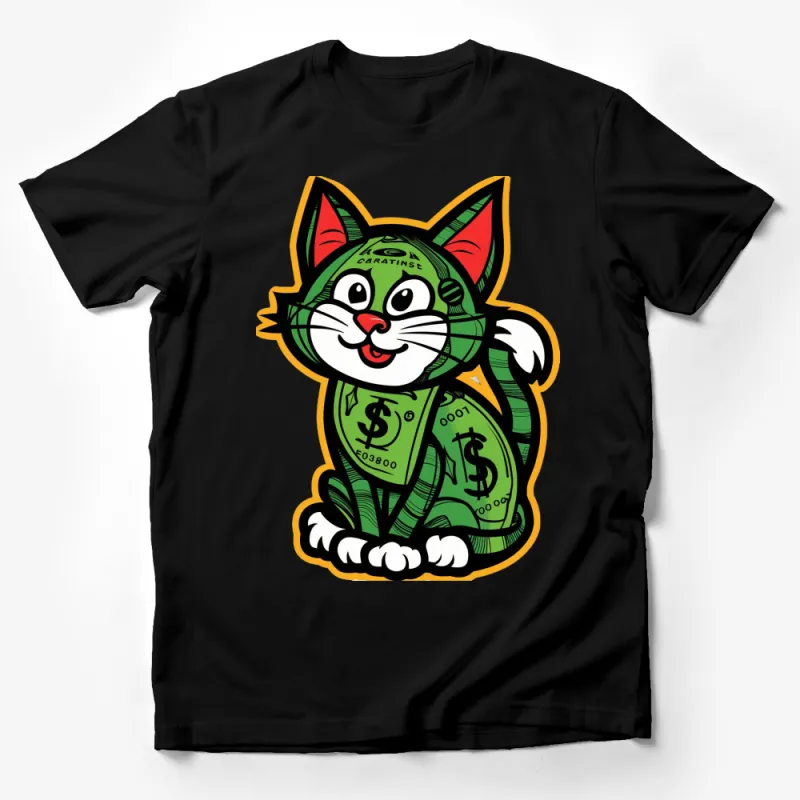 Green Cat Money Cartoon Graphic T-Shirt, Funny Cat Lover Gift, Unique Animal Art Tee Male T-Shirt