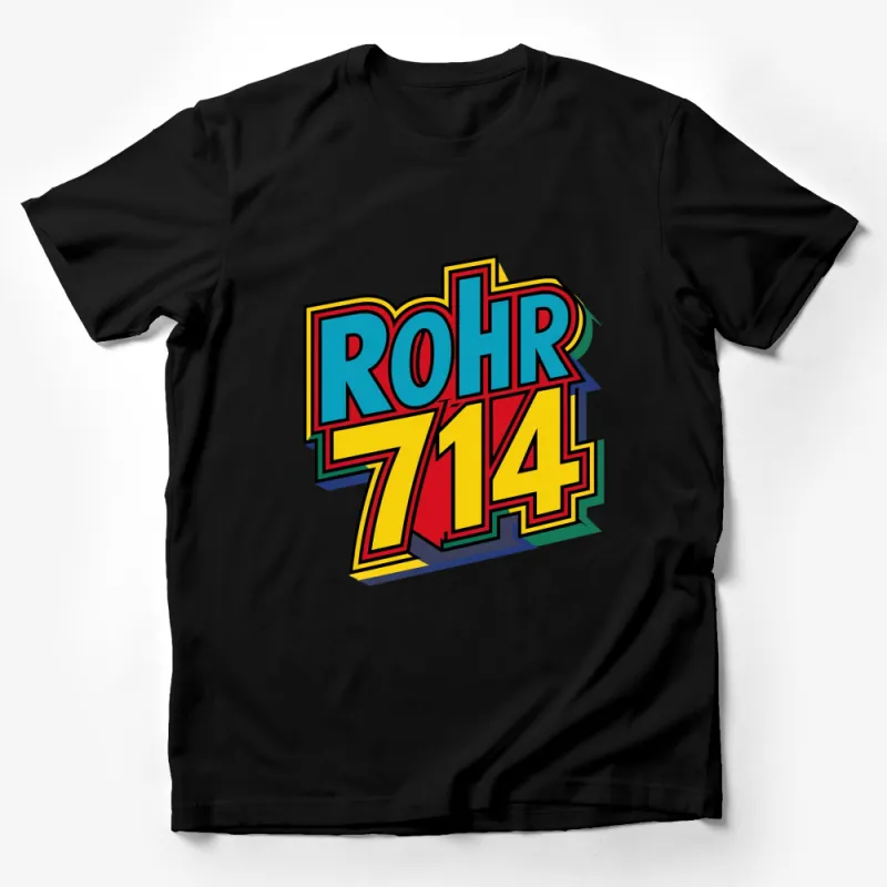 Colorful Rohr 714 Retro Style Graphic T-Shirt, Bold Text Design, Vibrant Colors, Casual Wear Male T-Shirt