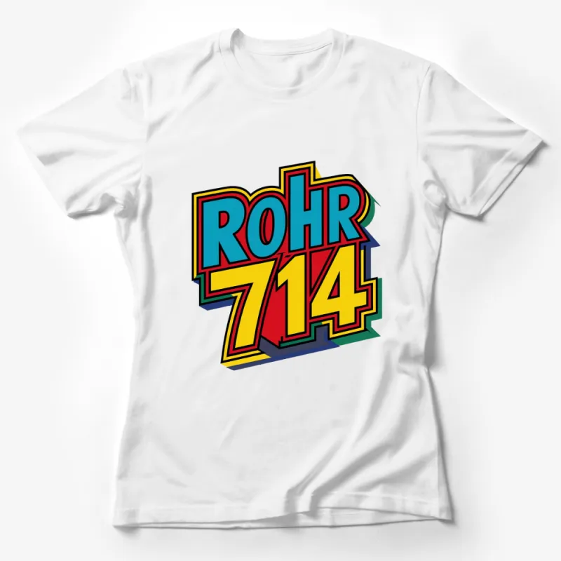 Colorful Rohr 714 Retro Style Graphic T-Shirt, Bold Text Design, Vibrant Colors, Casual Wear Female T-Shirt