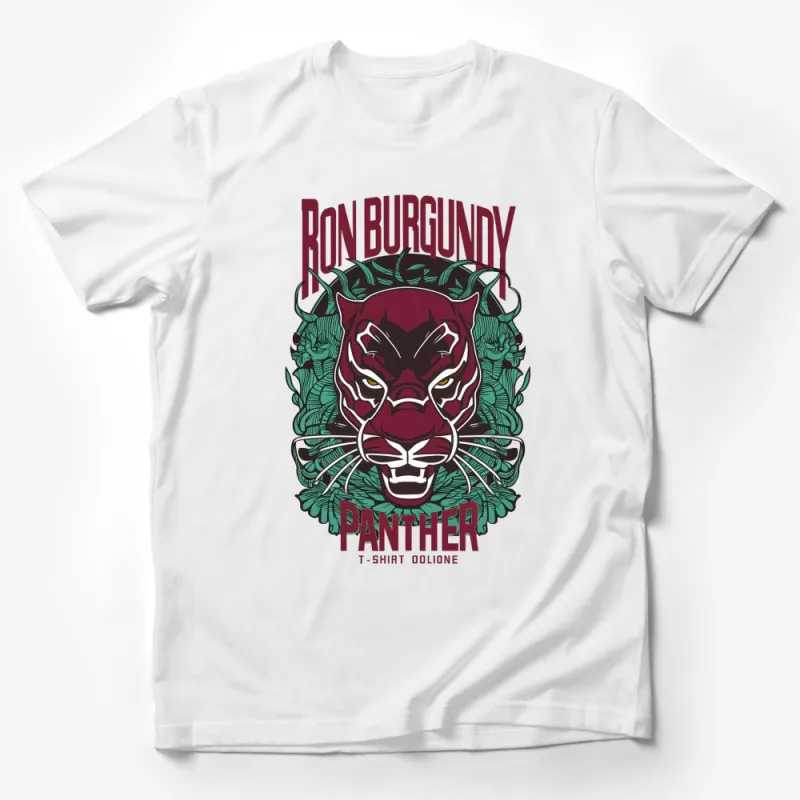 Ron Burgundy Panther Graphic Tee, Vintage Inspired Jungle Cat T-Shirt, Bold Red and Green Design Male T-Shirt