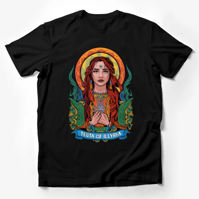 Teuta of Illyria T-Shirt, Vibrant Queen Illustration, Unique Graphic Tee, Bold Colorful Design Male T-Shirt