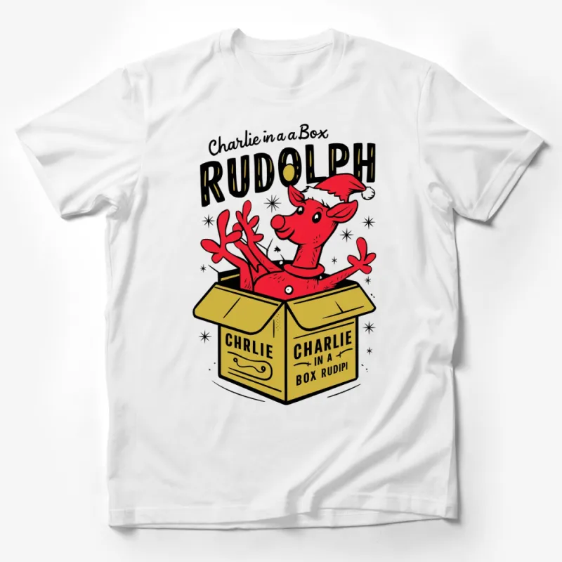 Rudolph Red-Nosed Reindeer Christmas T-Shirt, Fun Holiday Graphic Tee, Cartoon Reindeer in a Box Design Male T-Shirt