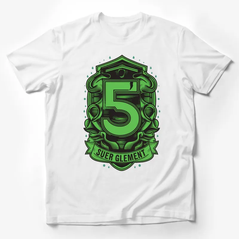 Vintage Number 5 Crest T-Shirt, Retro Green Badge Graphic Tee, Unisex Casual Streetwear Male T-Shirt