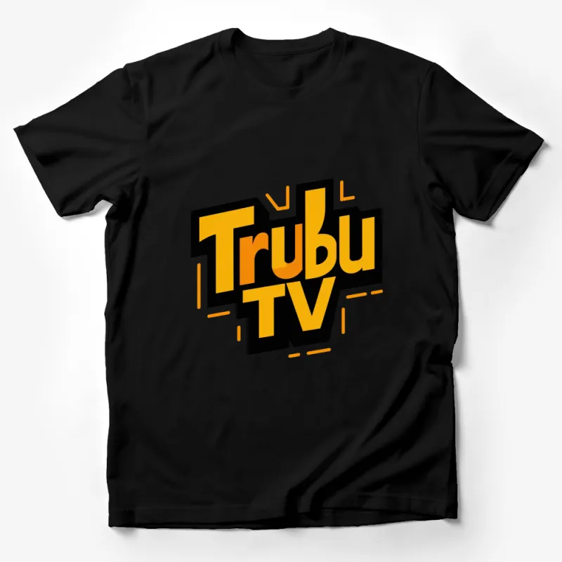 Trendy Trubu TV Logo T-Shirt, Bold Yellow and Black Graphic Tee, Unisex Fashion Male T-Shirt