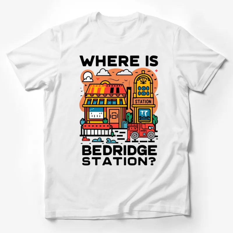 Retro Bedridge Station Graphic Tee, Colorful Urban Inspired T-shirt, Unique Streetwear Design Male T-Shirt