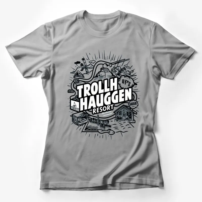 Trollhaugen Resort Graphic T-Shirt, Ski and Snowboard Theme, Black and White Line Art, Outdoor Sports Apparel, Unisex Tee Female T-Shirt