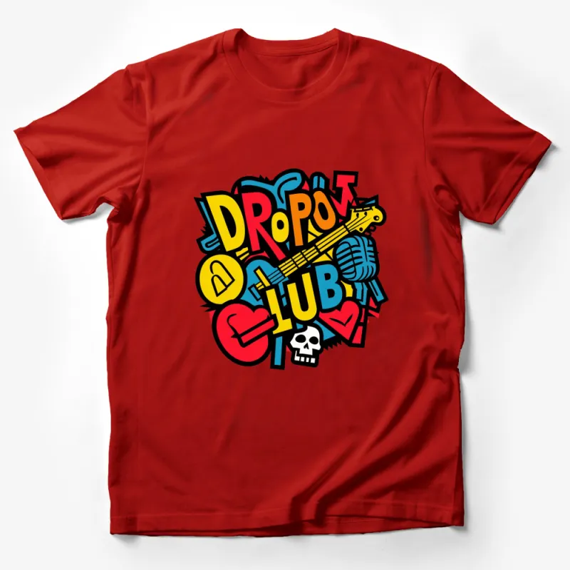 Dropout Club Retro Graphic T-Shirt, Colorful Skull and Guitar Design, Bold Street Style Tee Male T-Shirt