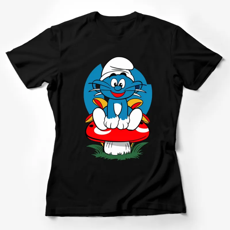 Cute Blue Cartoon Cat on Mushroom T-Shirt, Funny Cat Lover Gift, Unisex Graphic Tee Female T-Shirt