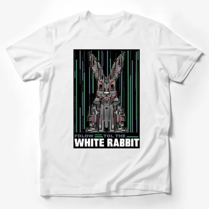 Follow the White Rabbit T-Shirt, Cyberpunk Art Tee, Sci-Fi Graphic T-Shirt, Urban Streetwear Male T-Shirt