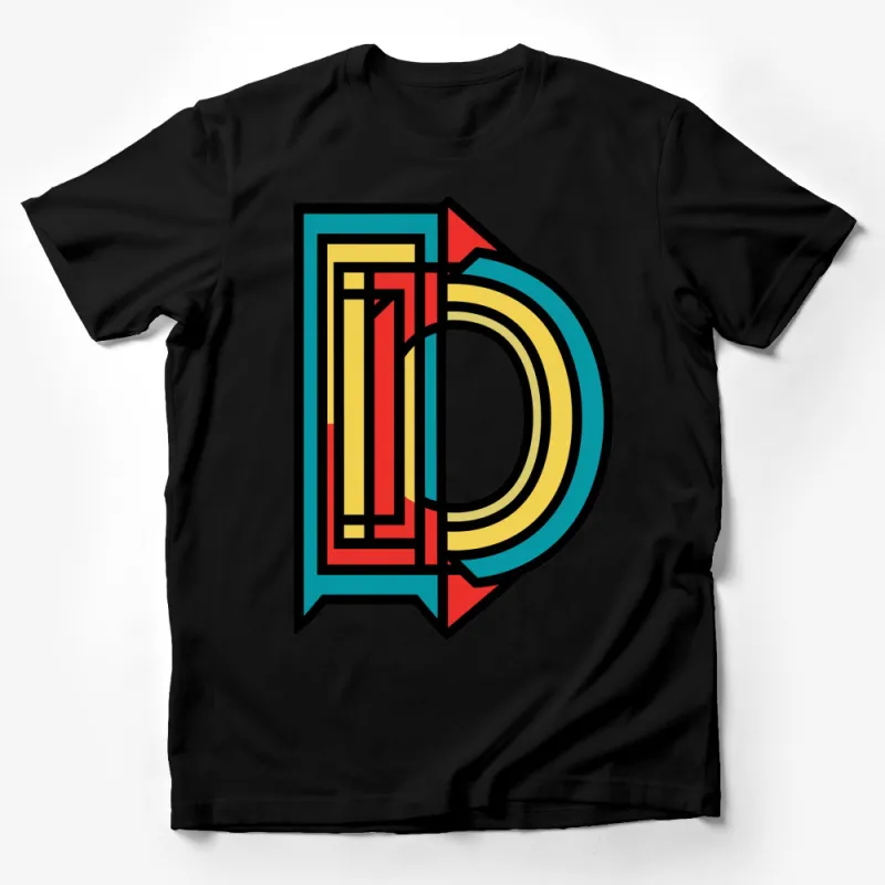 Retro Style Bold Letter D Graphic T-Shirt, Colorful Geometric Design, Casual Wear Male T-Shirt