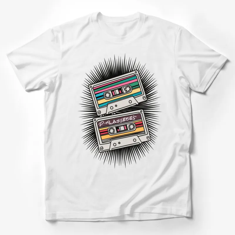 Retro Cassette Tape Design T-Shirt, Colorful Vintage Music Tee, Unisex Graphic Shirt for All Ages Male T-Shirt