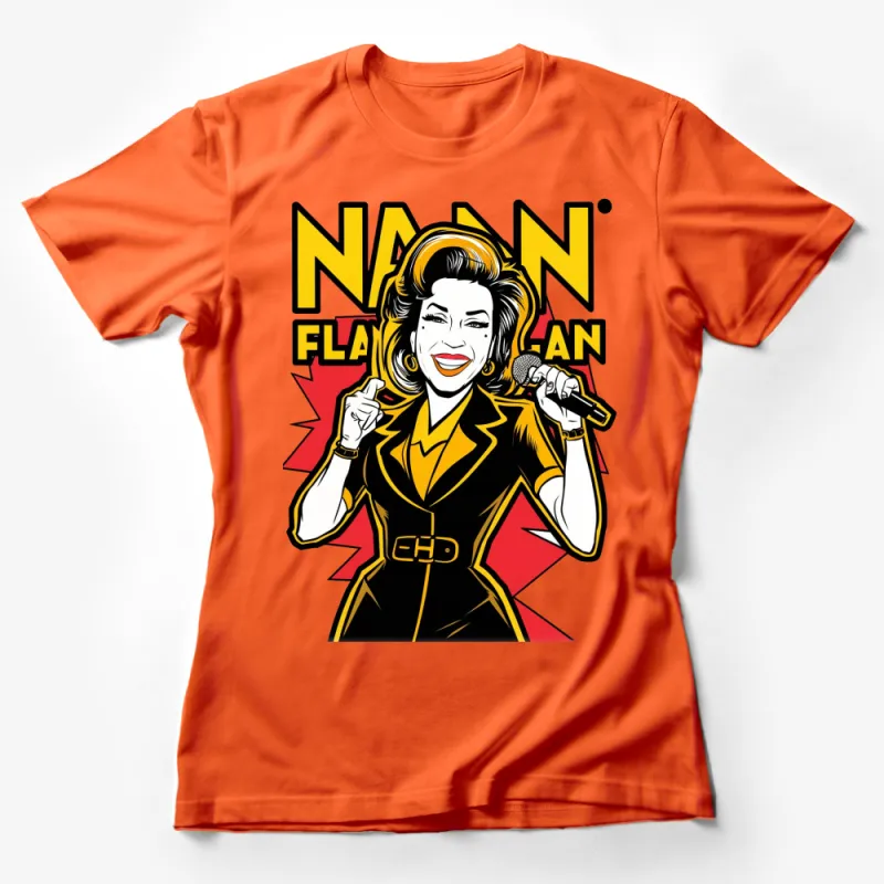 Retro Nan Flanagan Pop Art T-Shirt, Bold Comic Style, Vintage Inspired Vocalist Tee, Vibrant Colors Female T-Shirt