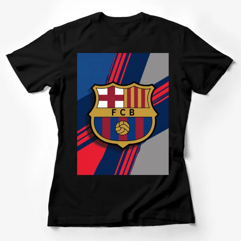 FC Barcelona Crest Graphic T-Shirt, Bold Blue and Burgundy Stripes, Soccer Fan Apparel Female T-Shirt