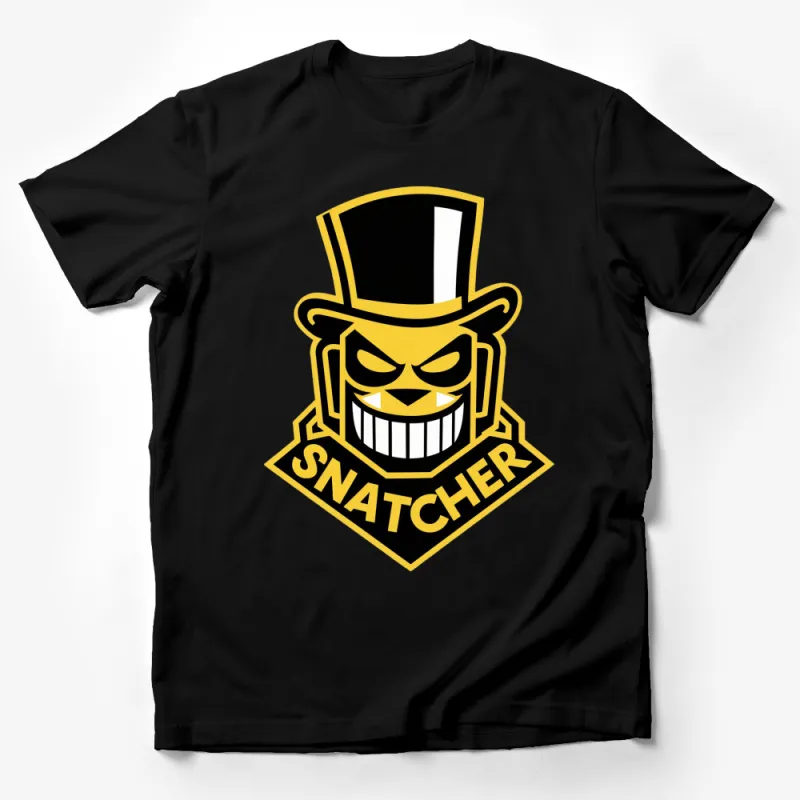 Snatcher Logo T-Shirt, Bold Graphic Tee with Villainous Top Hat Design, Black and Yellow Male T-Shirt