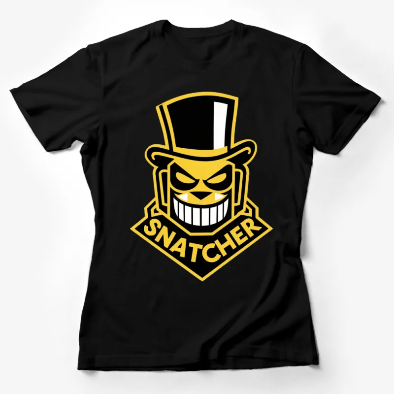 Snatcher Logo T-Shirt, Bold Graphic Tee with Villainous Top Hat Design, Black and Yellow Female T-Shirt