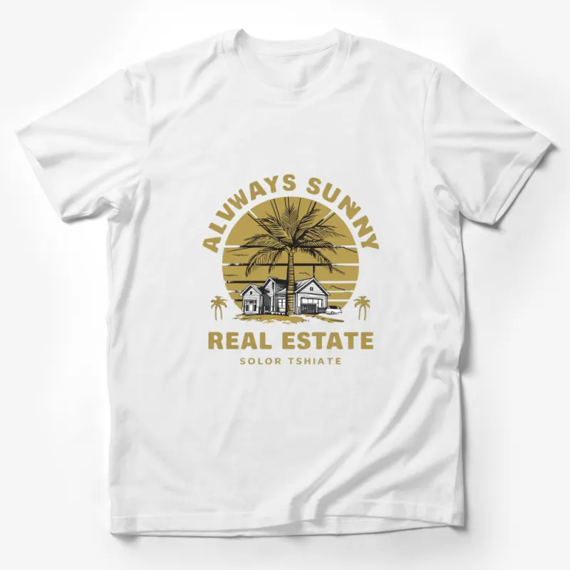 Always Sunny Real Estate Graphic T-Shirt, Vintage Style Palm Tree Design, Casual Summer Tee Male T-Shirt