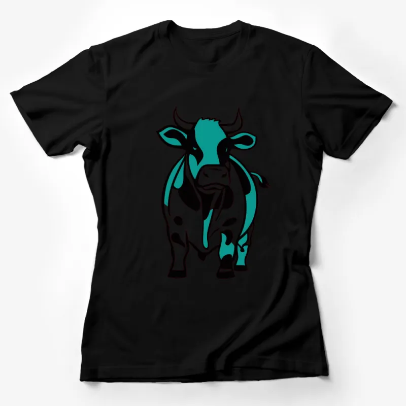 Graphic Cow T-Shirt, Bold Teal and Black Cow Design, Unisex Farm Animal Tee, Casual Wear Female T-Shirt