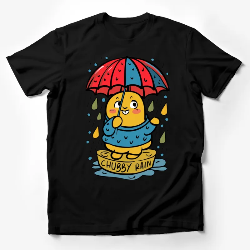 Chubby Rain Cartoon T-Shirt, Cute Umbrella Graphic Tee, Bright Yellow and Blue Rainy Day Apparel Male T-Shirt