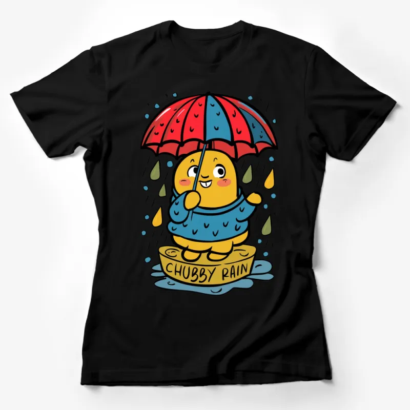 Chubby Rain Cartoon T-Shirt, Cute Umbrella Graphic Tee, Bright Yellow and Blue Rainy Day Apparel Female T-Shirt