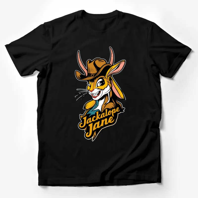 Jackalope Jane Graphic Tee, Vintage Style Cartoon Rabbit, Cowboy Hat Illustration T-Shirt Male T-Shirt