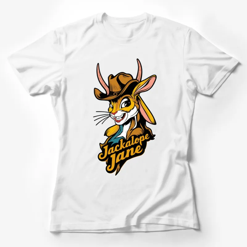 Jackalope Jane Graphic Tee, Vintage Style Cartoon Rabbit, Cowboy Hat Illustration T-Shirt Female T-Shirt