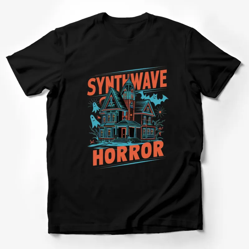 Synthwave Horror Graphic T-Shirt, Vintage Haunted House Design, Unique Retro Style Shirt, Spooky Fashion Male T-Shirt