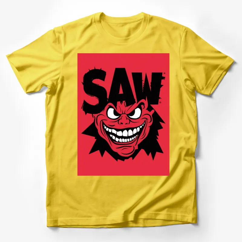 Vintage Saw Movie Graphic T-Shirt, Classic Horror Film Tee, Bold Red and Black Design, Collectible Fan Merchandise Male T-Shirt