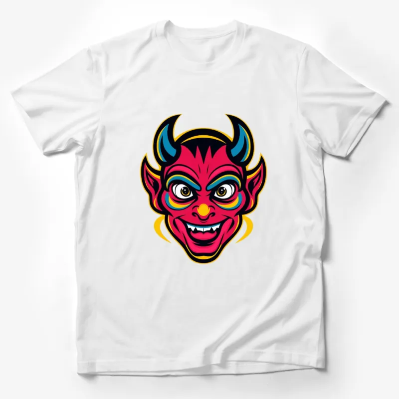 Colorful Devil Face T-Shirt, Bold Graphic Demon Design, Unisex Casual Wear, Trendy Statement Tee Male T-Shirt