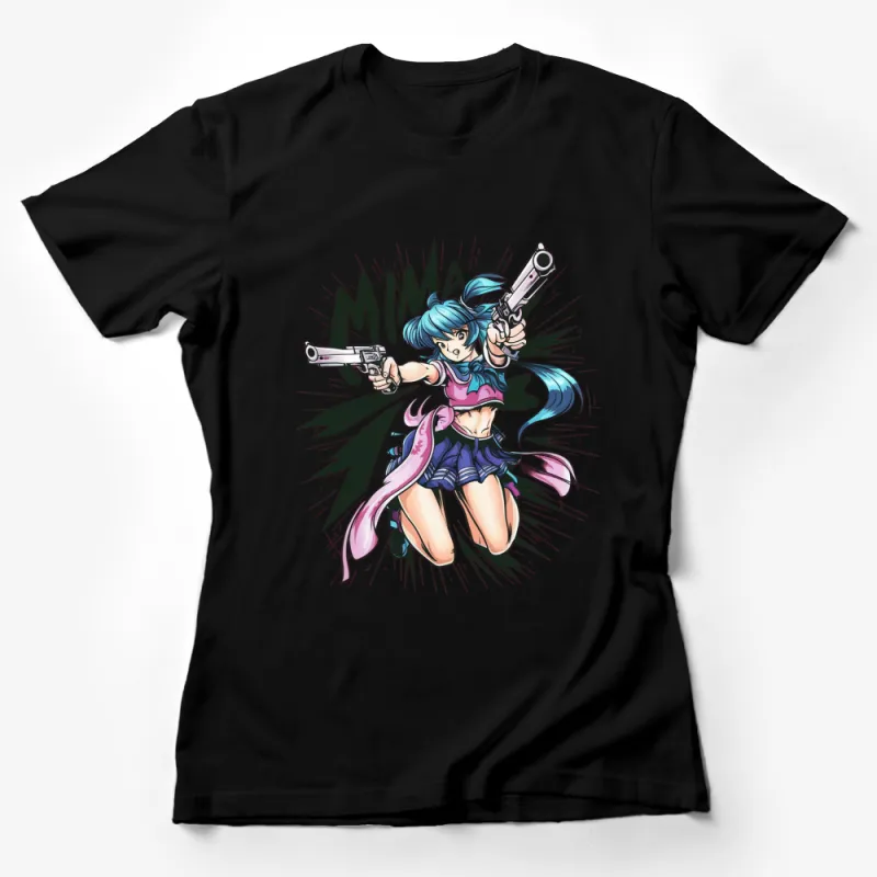 Anime Girl T-Shirt with Dual Pistols, Colorful Manga Style Graphic Tee, Bold Fashion Female T-Shirt