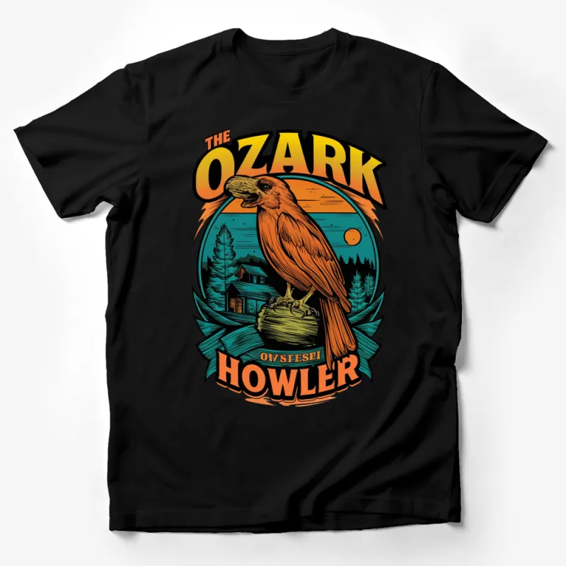 The Ozark Howler T-Shirt - Vintage Graphic Tee with Cabin and Bird Design, Rustic Outdoor Style Male T-Shirt