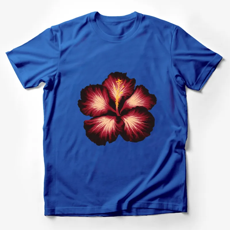 Tropical Hibiscus Flower T-Shirt, Bold Red and Burgundy Floral Print, Casual Summer Fashion Male T-Shirt