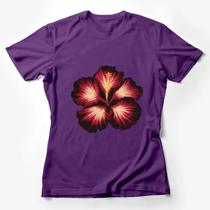 Tropical Hibiscus Flower T-Shirt, Bold Red and Burgundy Floral Print, Casual Summer Fashion Female T-Shirt