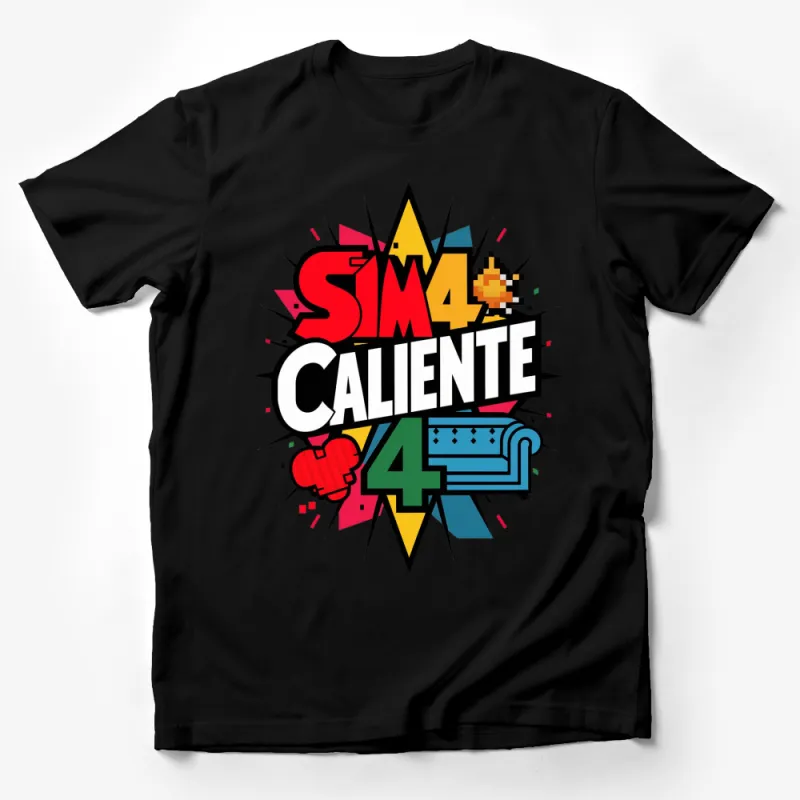 Retro Video Game Graphic Tee, Colorful SIM4 CALIENTE Pop Art T-Shirt, Unisex Male T-Shirt