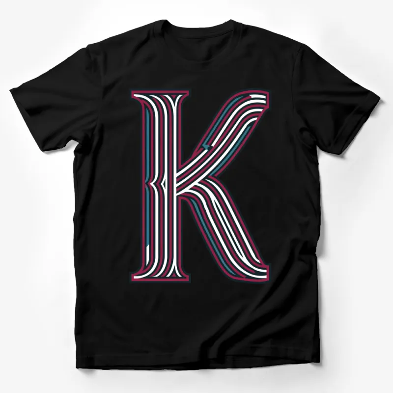 Stylish Letter K T-Shirt, Colorful Striped Monogram Print, Casual Graphic Tee Male T-Shirt