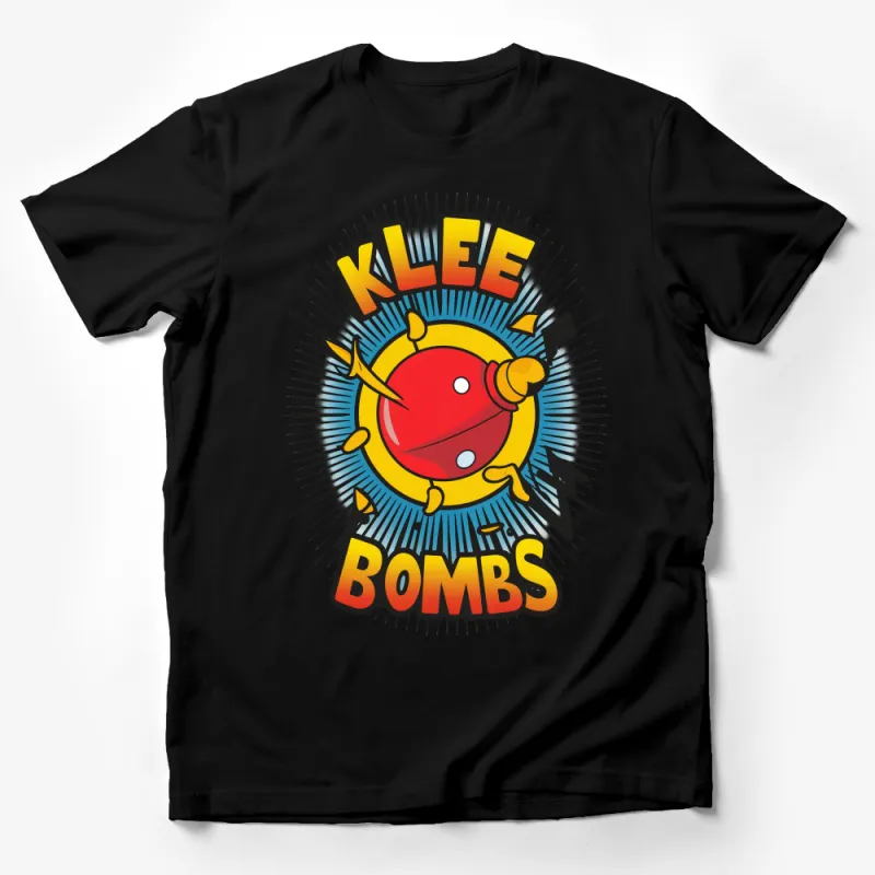 Klee Bombs Graphic T-Shirt, Vibrant Red and Yellow Comic Style, Unisex Tee Male T-Shirt