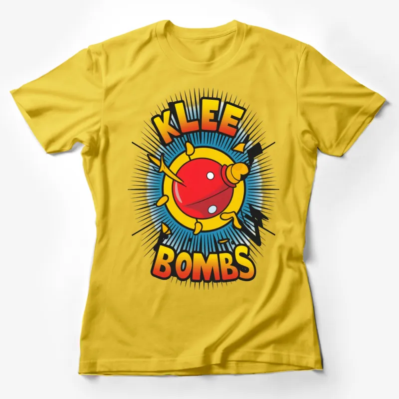 Klee Bombs Graphic T-Shirt, Vibrant Red and Yellow Comic Style, Unisex Tee Female T-Shirt