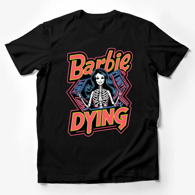 Vintage Barbie Dying Graphic T-Shirt, Bold Neon Colors, Pop Culture Skeleton Art Tee, Unisex Fashion Top Male T-Shirt