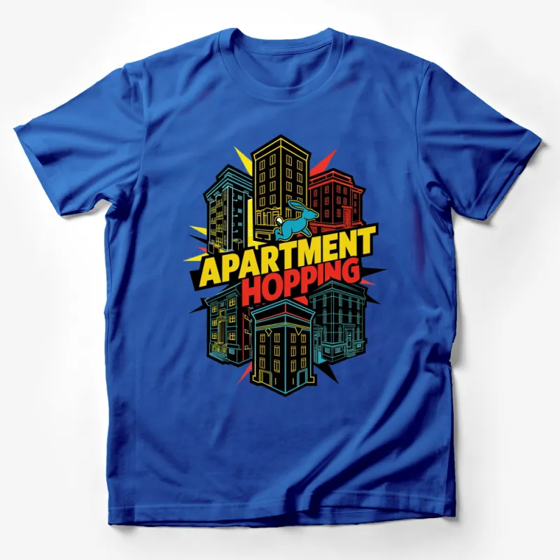 Apartment Hopping Urban Graphic T-Shirt, Colorful City Buildings Design Tee, Trendy Streetwear Male T-Shirt