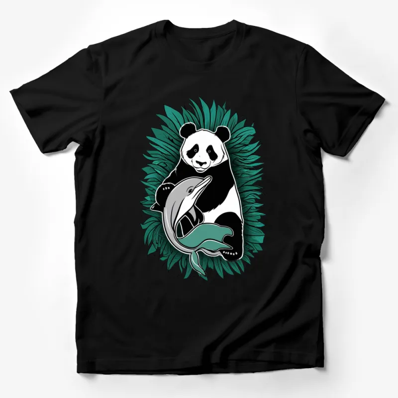 Panda and Dolphin Friends Graphic T-Shirt, Black and White Animal Design, Tropical Leaves, Unisex Tee Male T-Shirt