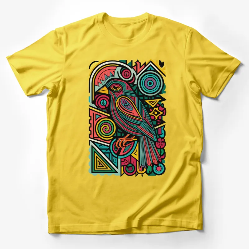 Colorful Abstract Bird Art T-Shirt, Vibrant Tribal Style Tee, Unisex Graphic Shirt, Unique Gift Idea Male T-Shirt