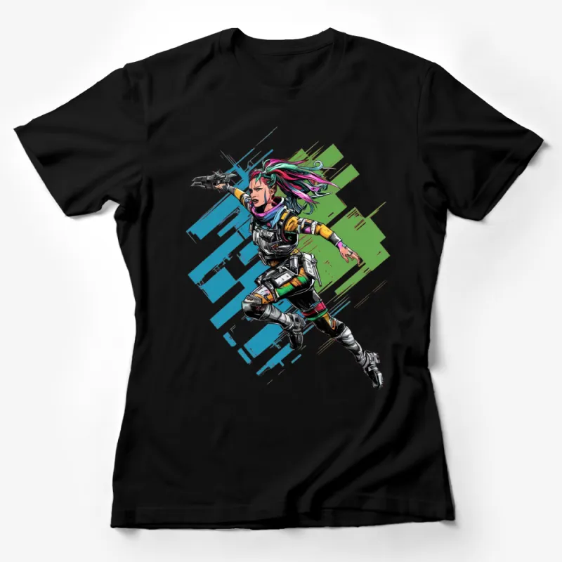 Futuristic Female Warrior Graphic Tee, Colorful Cyberpunk T-Shirt, Sci-Fi Urban Style Apparel Female T-Shirt